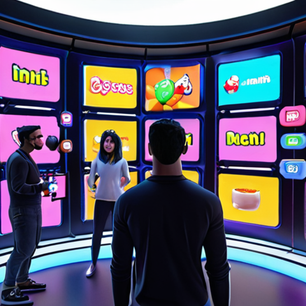 **A bustling Metaverse scene with vibrant avatars interacting with interactive advertisements. Focus on engaged users participating in a branded mini-game, showcasing high engagement.**
