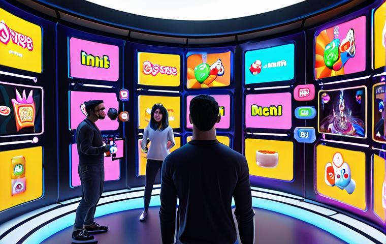 **A bustling Metaverse scene with vibrant avatars interacting with interactive advertisements. Focus on engaged users participating in a branded mini-game, showcasing high engagement.**